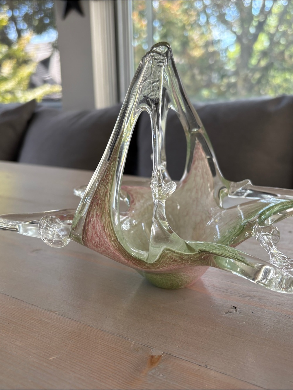 Art Glass Sculpture Bowl in Pink and Pale Green